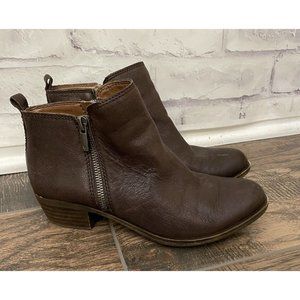Lucky Brand Basel Bootie‎ Size 8M Dark Brown Double Zippers Chunky Heal Leather